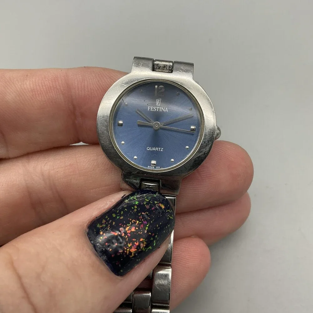 Vintage Festina 8933 Womens Watch 24mm Blue Dial Stainless New Battery 6.25